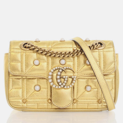 Golden Metallic Leather GG Marmont Matelassé Small Pearl Shoulder Bag