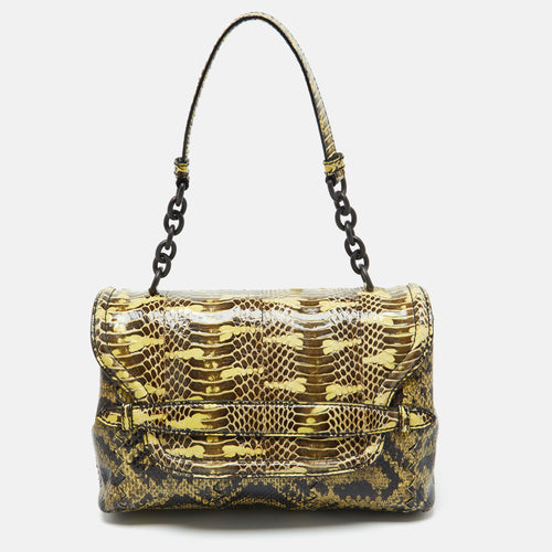 Yellow/Brown Intrecciato Karung and Watersnake Detail Flap Shoulder Bag