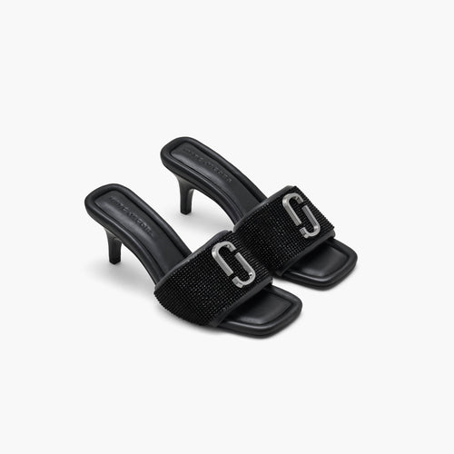 The Rhinestone J Marc Heeled Sandal in Black/Black Crystal, Size 37