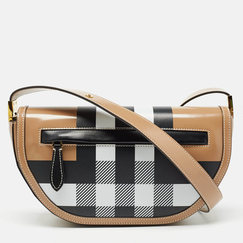 Beige Check Patent and Leather Small Olympia Shoulder Bag