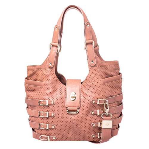 Nude Pink Perforated Leather Bardia Buckle Shoulder Bag