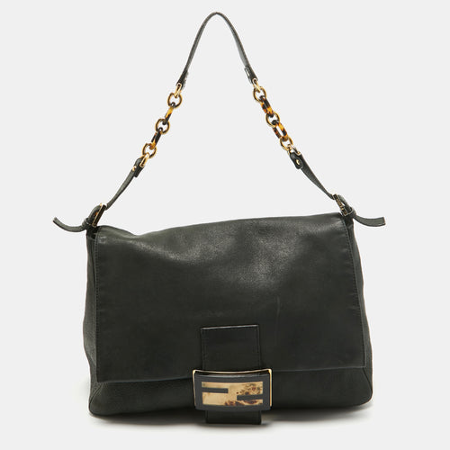 Black Iridescent Leather Large Mamma Forever Flap Shoulder Bag