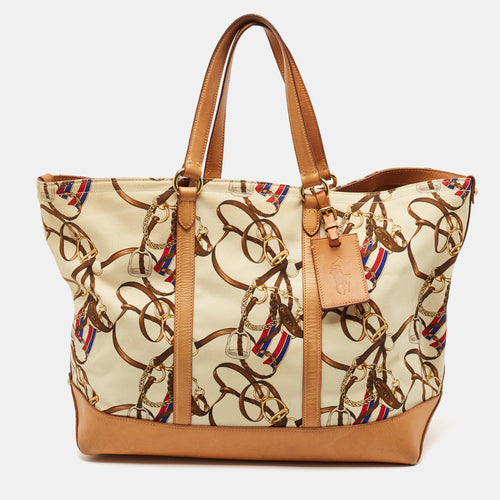Multicolor Equestrian Canvas and Leather Shopper Tote