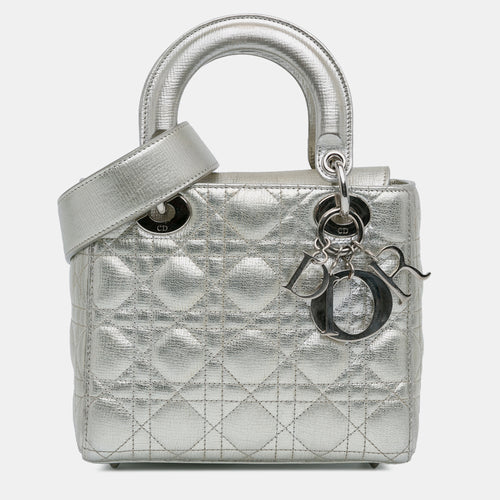 Silver Metallic Grained Calfskin Leather Small Cannage Lucky Badges My Lady Shoulder Bag