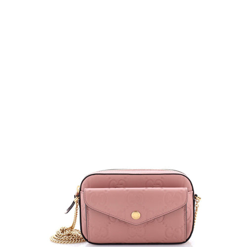 GUCCI Front Pocket Chain Shoulder Bag Jumbo GG Embossed Leather Super Mini