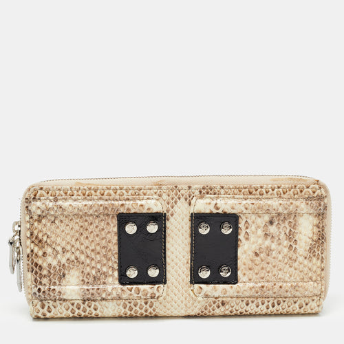 Beige Watersnake Leather Zip Around Oversized Wallet