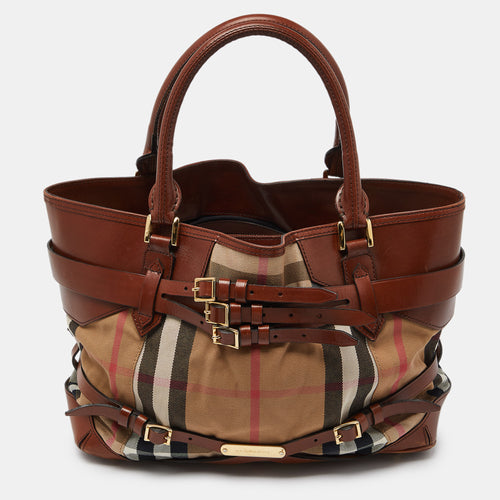 Beige/Brown House Check Canvas and Leather Medium Bridle Lynher Tote
