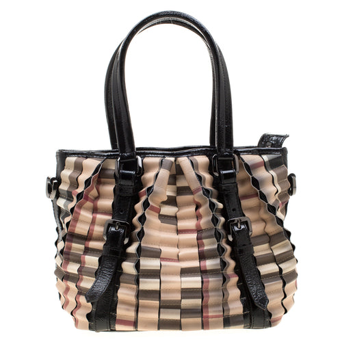 Black/Beige Nova Check PVC and Patent Leather Cartridge Pleat Tote