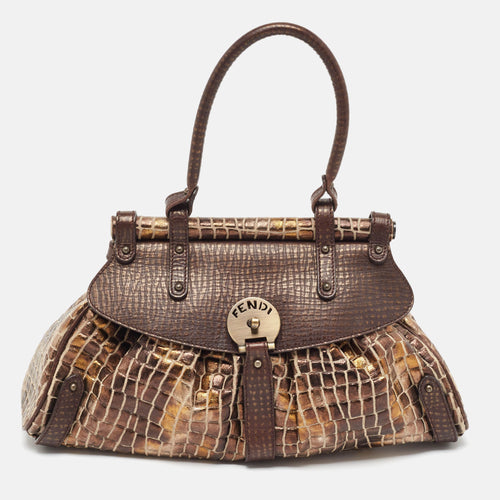 Metallic/Dark Brown Croc Effect Canvas Magic Satchel