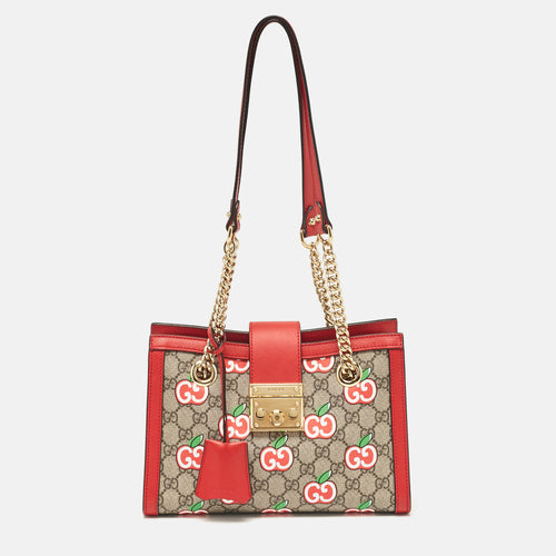 Red/Beige GG Supreme Canvas Apple Print Small Padlock Shoulder Bag