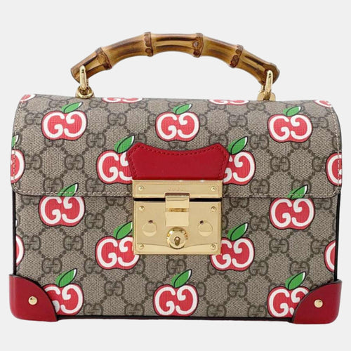 Beige/Red GG Supreme Canvas and Leather Apple Bamboo Top Handle Bag