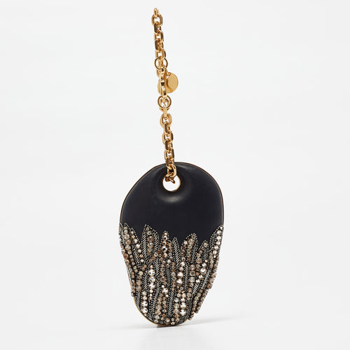Black Leather Embellished Clam Chain Clutch