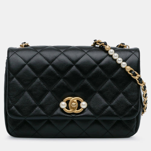 Black Glazed Calfskin Leather Small Imitation Pearls Flap Bag
