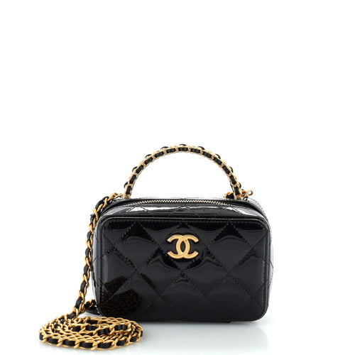 CHANEL Woven Chain Top Handle Vanity Case Quilted Patent Mini