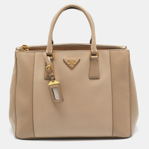 Two Tone Beige Saffiano Lux Leather Large Double Zip Tote