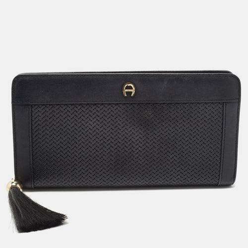 Black Woven Leather Cavallina Zip Around Continental Wallet