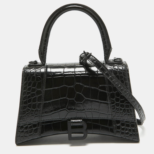 Black Croc Embossed Leather Small Hourglass Top Handle Bag