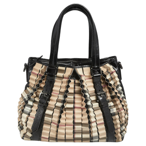 Black/Beige House Check PVC and Patent Leather Lowry Ruffled Tote
