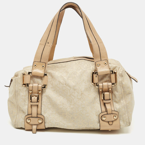 Beige/Gold Monogram Canvas and Leather Buckle Satchel