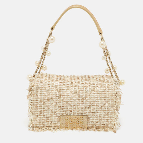 Beige/Silver Tweed and Leather Faux Pearl Embellished Shoulder Bag