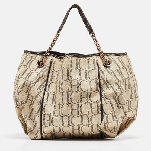 Cream/Brown Monogram Coated Canvas and Leather Chain Tote