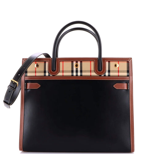Title Two Handle Tote Leather with Vintage Check Canvas Medium