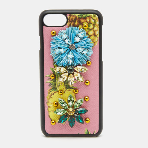 Pink/Yellow Fruit Print Leather Crystals Embellished iPhone 7 Cover