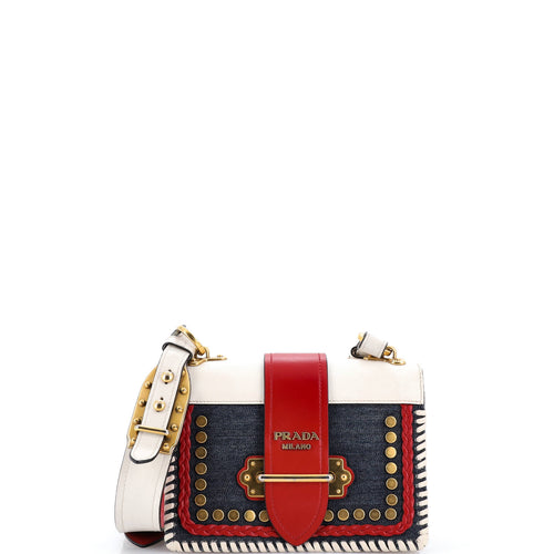 PRADA Cahier Crossbody Bag Embellished Denim and Leather Small
