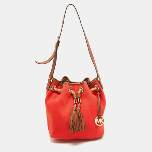 Michael Kors Orange/Brown Canvas and Leather Marina Drawstring Bag