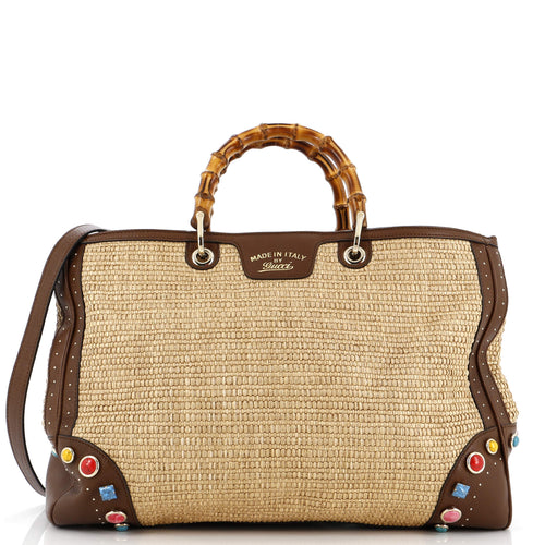 GUCCI Bamboo Shopper Tote Straw with Embellished Leather Large