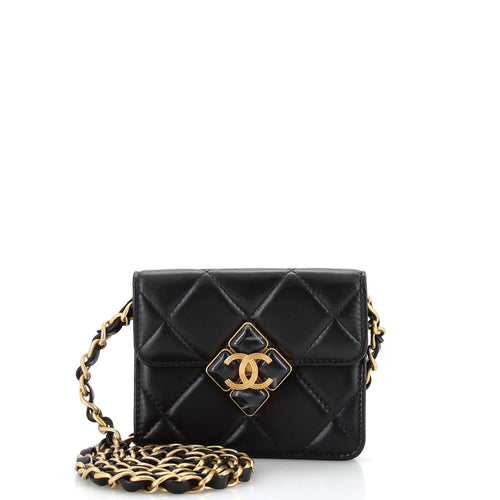 CHANEL CC Diamond Lock Flap Card Holder on Chain Quilted Lambskin
