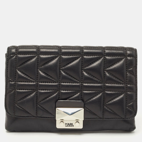 Black Quilted Leather Pushlock Flap Clutch