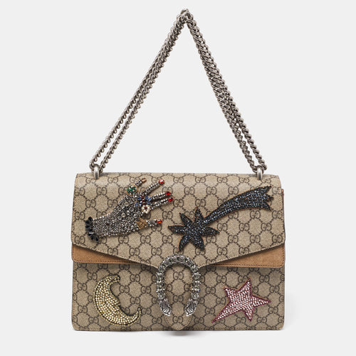 Beige GG Supreme Canvas and Suede Medium Dionysus Embellished Shoulder Bag
