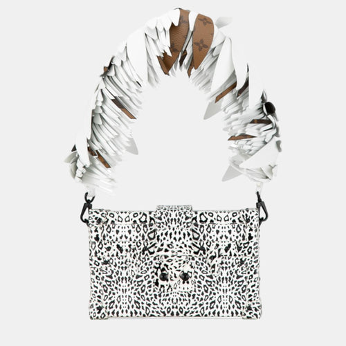 Black/White Leopard Print and Fringe Strap Petite Malle Shoulder Bag