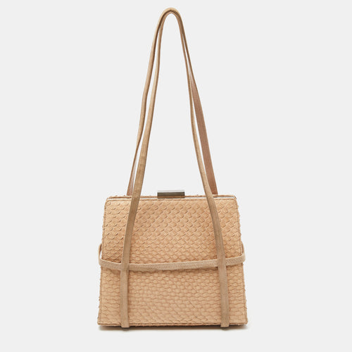 Beige Watersnake Leather and Suede Metal Frame Shoulder Bag