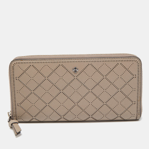 Beige Diamond Laser Cut Leather Zip Around Wallet