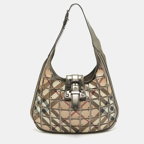 Metallic/Beige Nova Check Canvas and Leather Studded Brooke Warrior Hobo