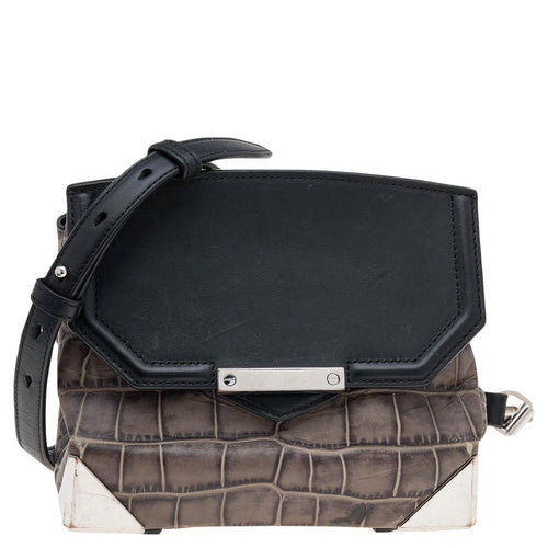 Grey/Black Croc Embossed Leather Mini Marion Prisma Shoulder Bag