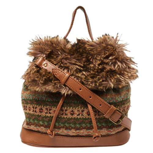 Multicolor Faux Fur Flap And Crochet Drawstring Bucket Bag