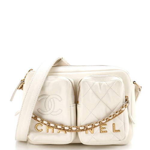 CHANEL Logo Twin Pockets Chain Camera Case Quilted Calfskin Small
