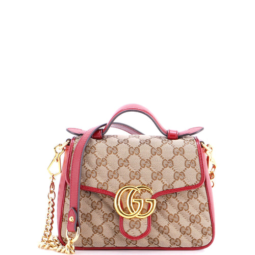 GUCCI GG Marmont Top Handle Flap Bag Diagonal Quilted GG Canvas with Leather Mini