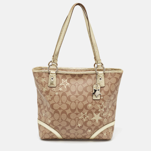 Beige/Gold Signature Coated Canvas and Leather Heritage Star Tote