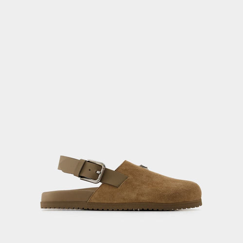 Men's Suede Leather Clogs With Logo Plate in Marrone | Size 43 | A80402A4434
