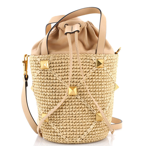 VALENTINO GARAVANI Roman Stud Bucket Bag Raffia and Leather