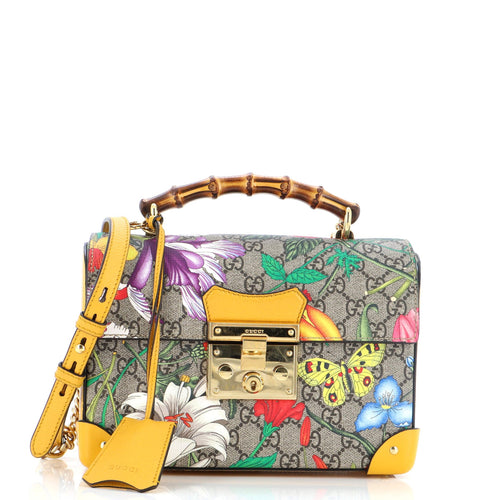 GUCCI Padlock Bamboo Shoulder Bag Flora GG Coated Canvas Small