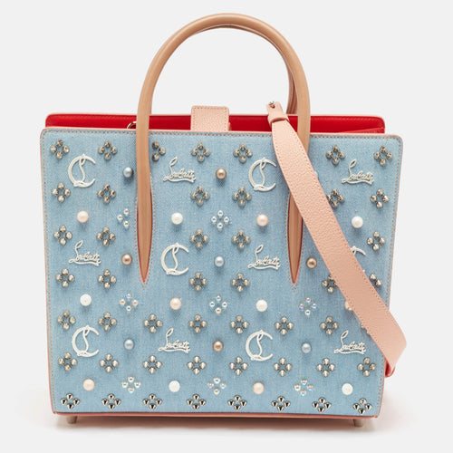 Multicolor Denim and Leather Mix Pearls Paloma Tote