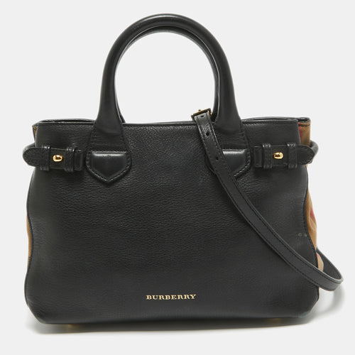 Black/Beige House Check Fabric and Leather Small Banner Tote