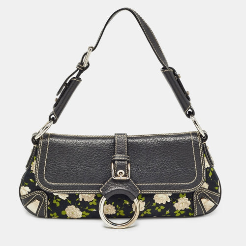 Blue/Multicolor Floral Print Canvas and Leather Shoulder Bag