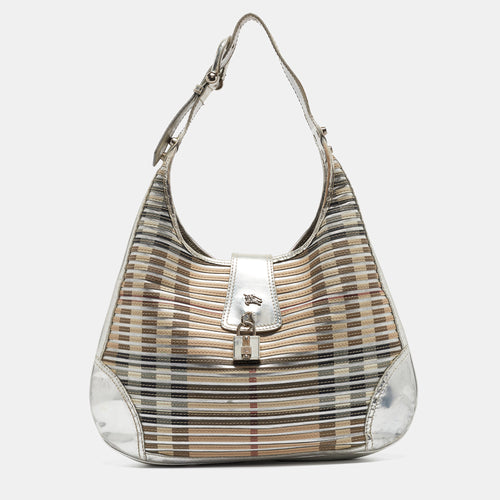 Silver/Beige House Check Coated Canvas and Patent Leather Brooke Hobo