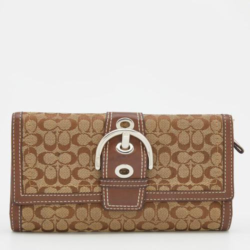 Beige/Brown Signature Canvas and Leather Buckle Detail Continental Wallet